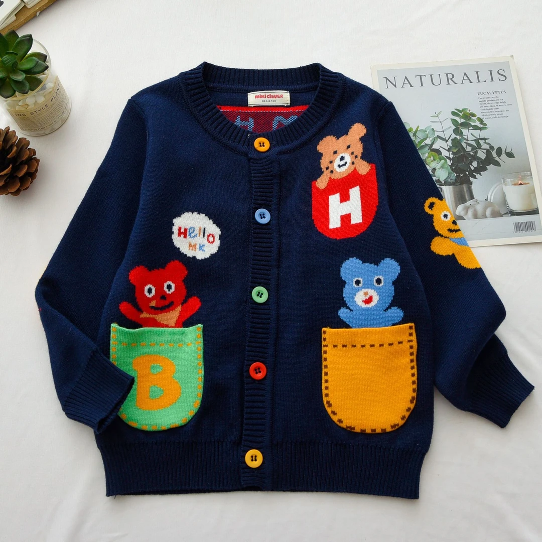 日系小熊双色口袋针织开衫童装双层毛衣2304女童针织衫儿童春秋