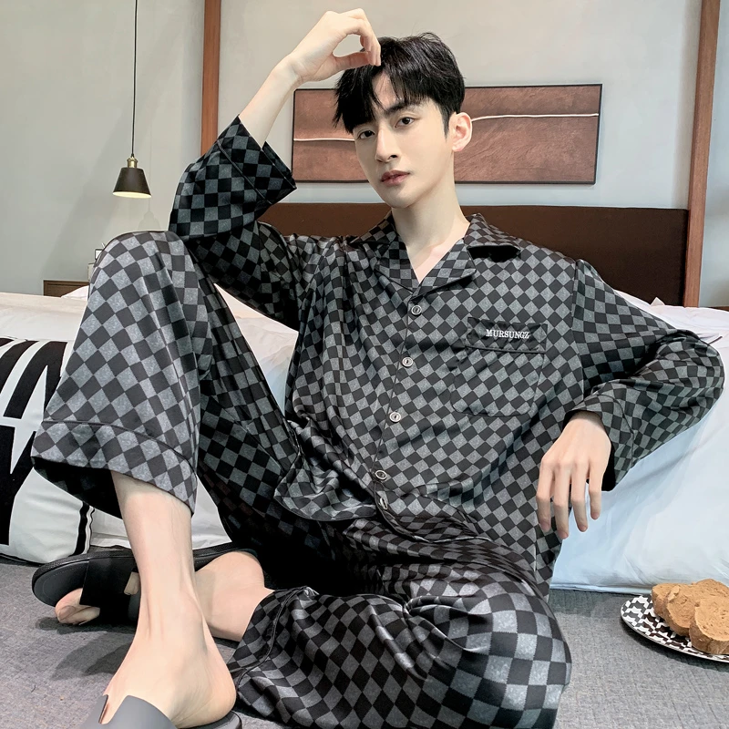 2023新睡衣男士夏季男士冰丝长袖长裤家居服夏天薄款仿真春夏套装