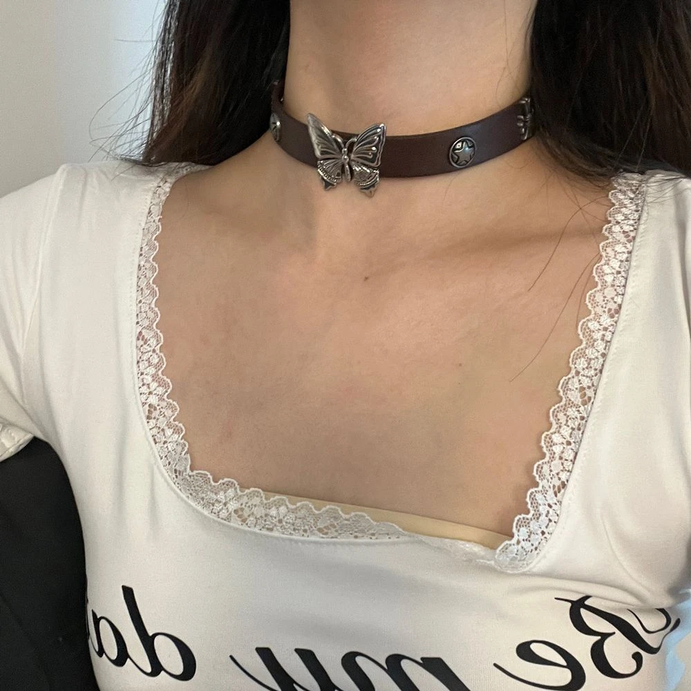 铜合金皮质项链 复古辣妹y2k蝴蝶项链百搭甜酷欧美锁骨链choker女