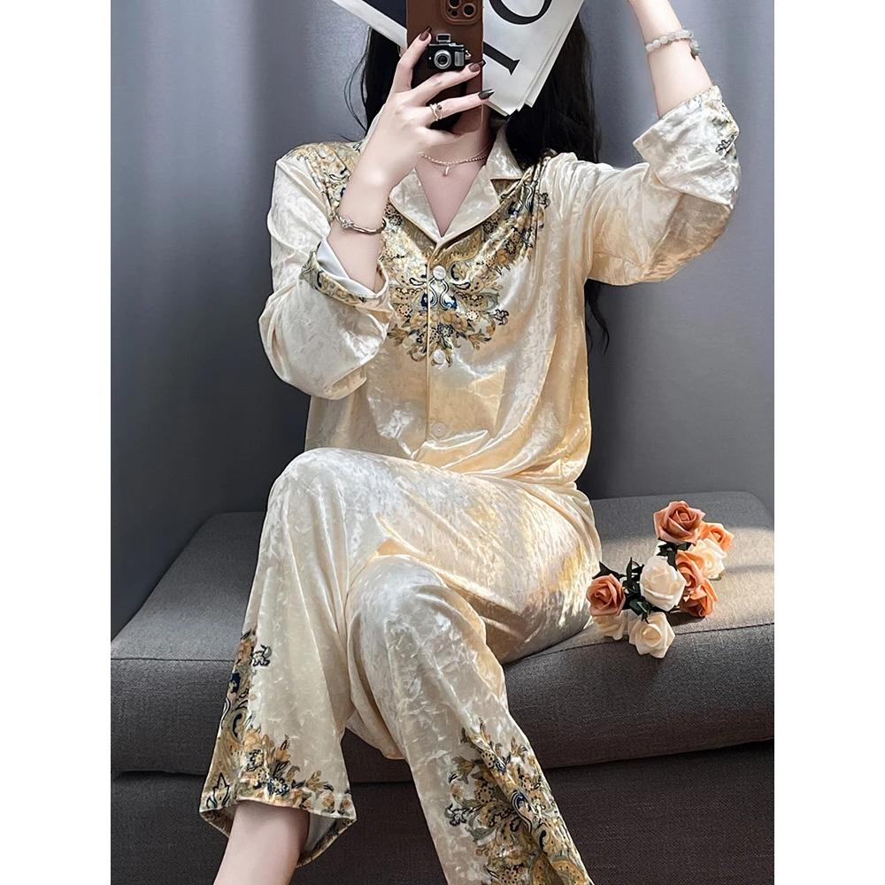 轻奢复古钻石丝绒睡衣女士奢华春秋长袖秋冬季家居服套装高档印花