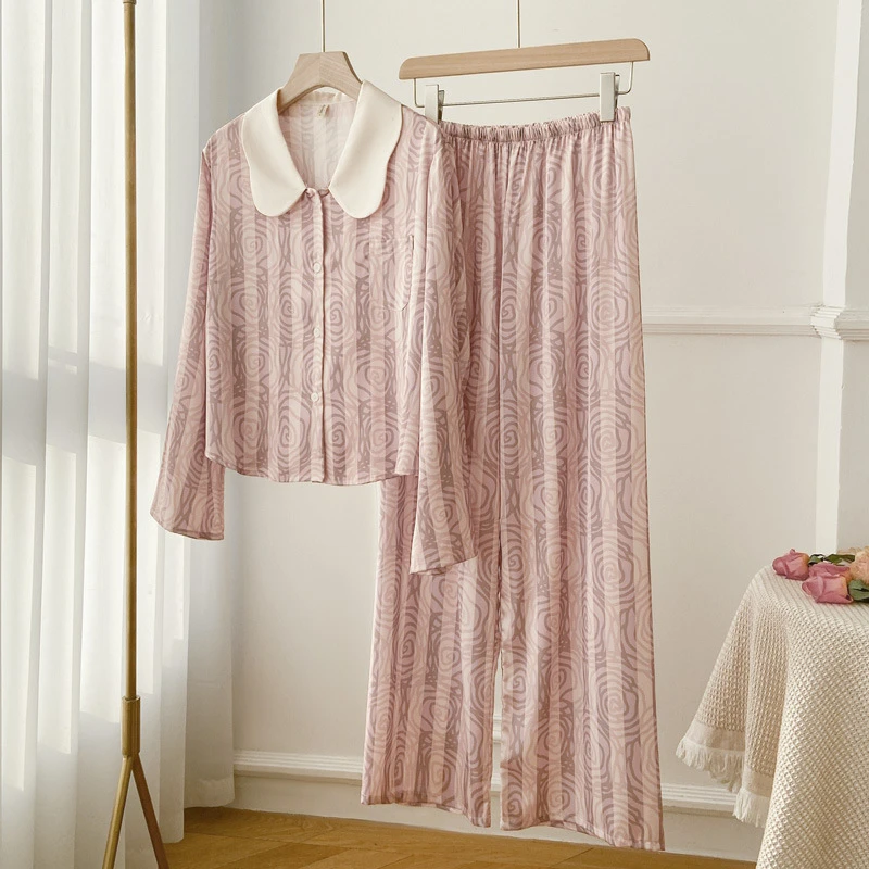 娃娃领条纹玫瑰冰雪丝睡衣女2024新款春秋季短款长袖长裤薄家居服