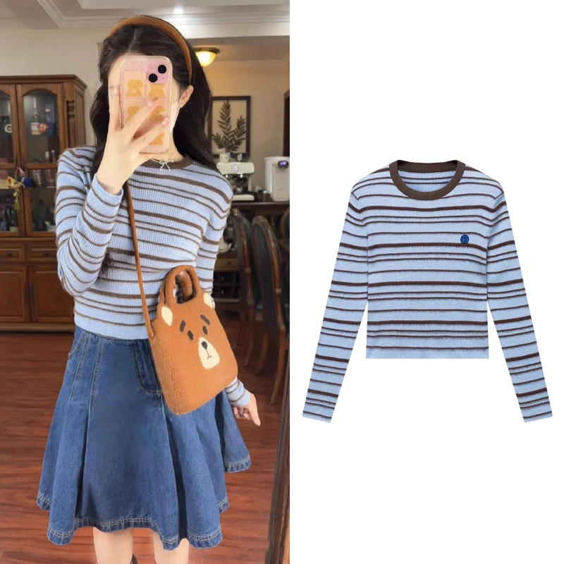 9039羊毛混纺美拉蓝色条纹针织长袖2025春季新款圆领套头短款上衣