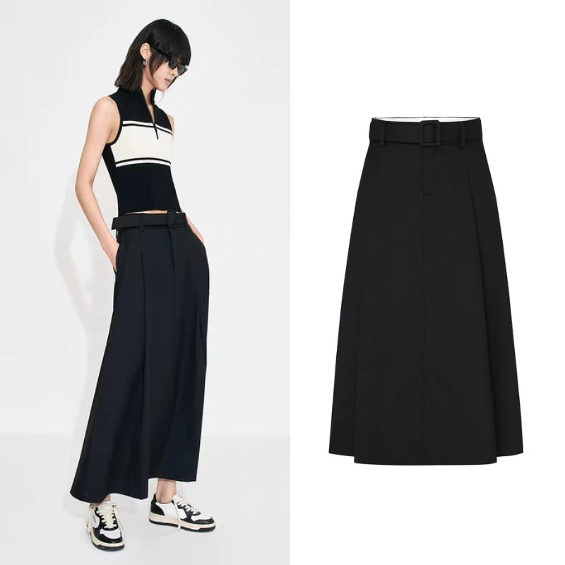 Z0257【M】中高腰长款压褶宽松A字半身裙时尚裙(附腰带)设计感裙子