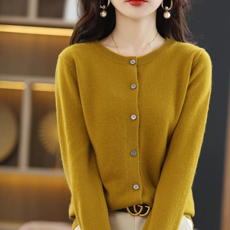 新品纯羊毛开衫纯色宽松显瘦圆领羊毛针织开衫百搭时尚打底衫外套