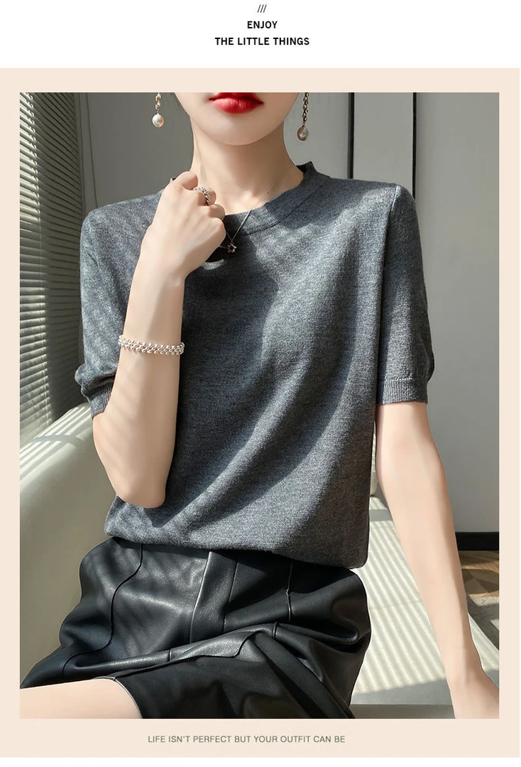 精纺羊毛短袖t恤女圆领薄款针织打底空调衫春夏显瘦百搭上衣背心