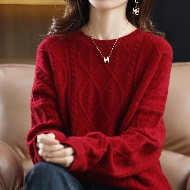 慵懒加厚秋冬新款红色针织衫羊毛衫圆领麻花宽松针织纯色打底毛衣