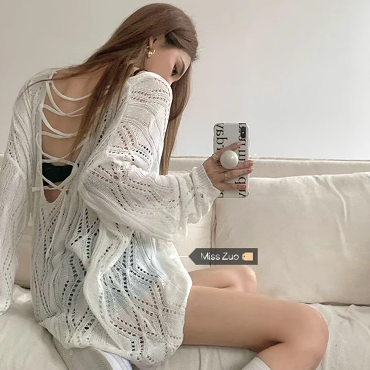白色针织罩衫女春季吊带外搭2024新款慵懒设计感小众镂空露背上衣