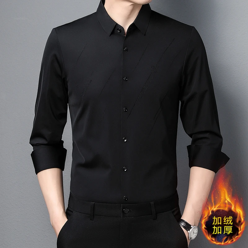 春季新款高品质弹力无痕衬衫商务休闲修身衬衣长袖黑色高档