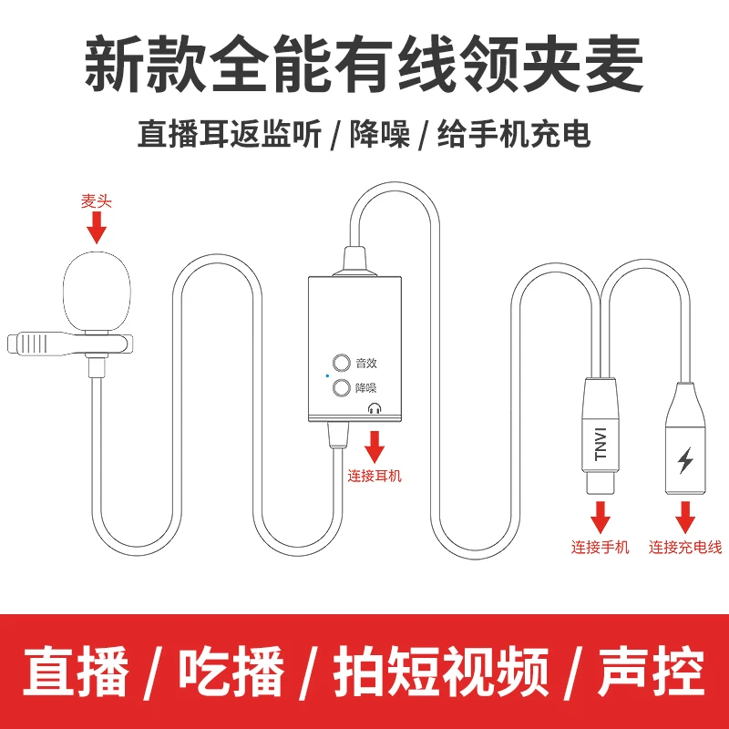 听为T1S麦克风领夹式直播吃播监听声控咀嚼声专业降噪手机专用