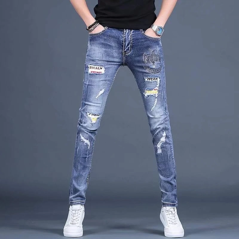 牛仔裤2024年新款男士休闲百搭潮牌刺绣烫钻春秋款小脚爆款长裤子