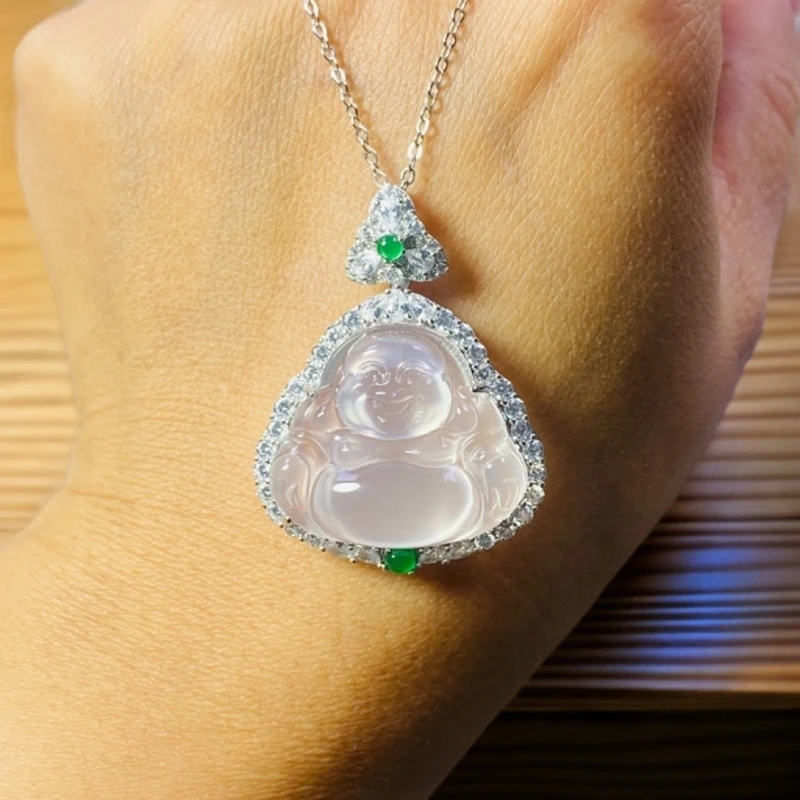 天然玛瑙玉髓白冰透佛公吊坠s925银镶佛公项链