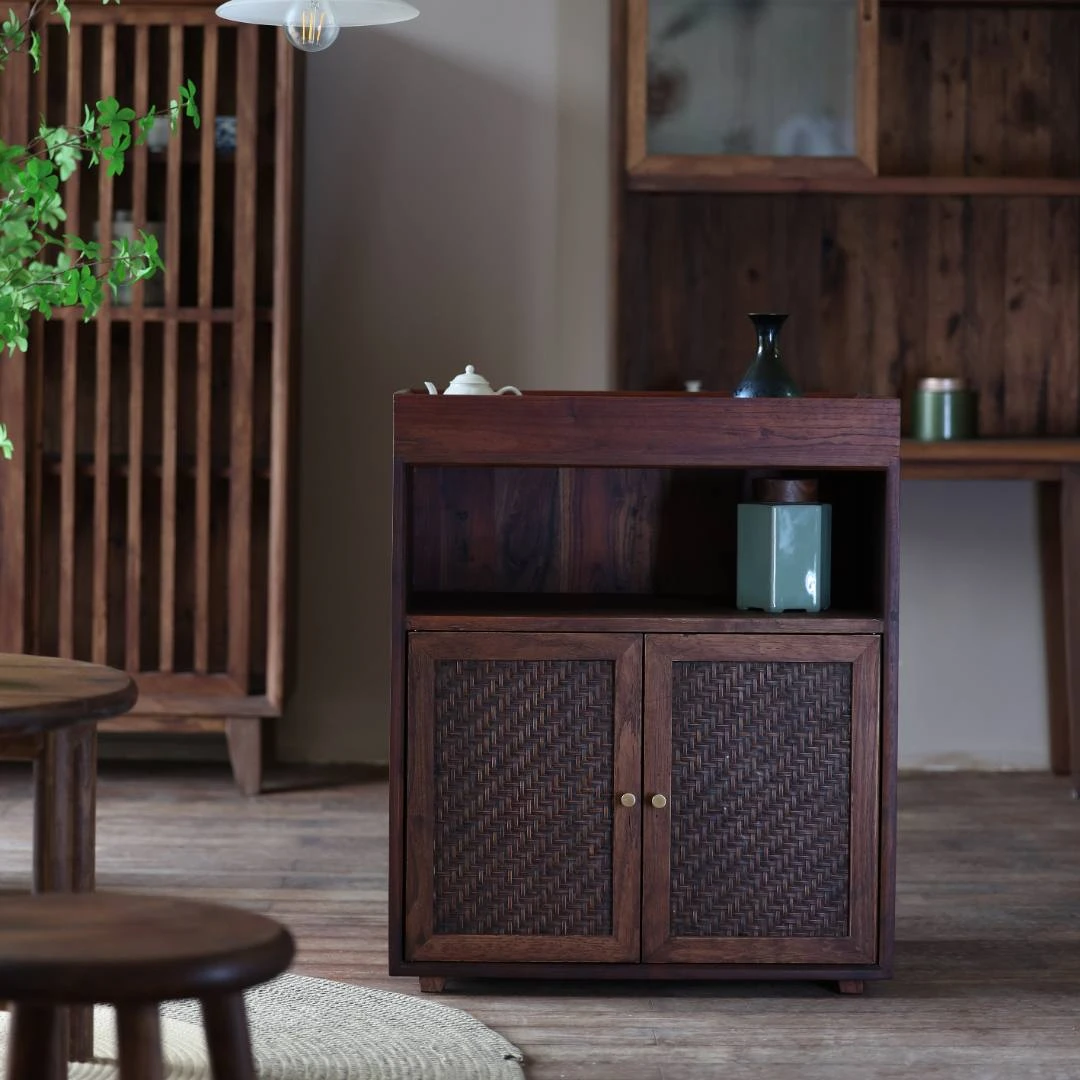 新中式复古客厅收纳柜中式储物柜置物储物禅意茶柜古典藤编茶水柜