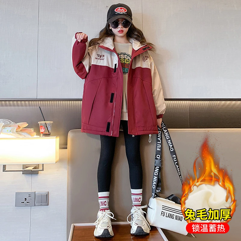 女童派克服外套秋冬保暖棉服洋气儿童加绒加厚冲锋衣大童时髦棉服