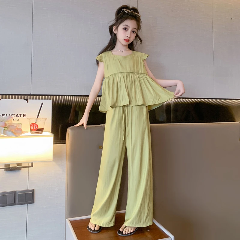 女童夏款套装2024新款儿童洋气薄款冰丝阔腿裤森系夏装休闲两件套