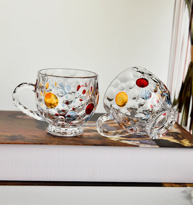 榴莲猫小清新手绘彩色圆点玻璃杯喝水杯买一送一两只装茶杯大容量