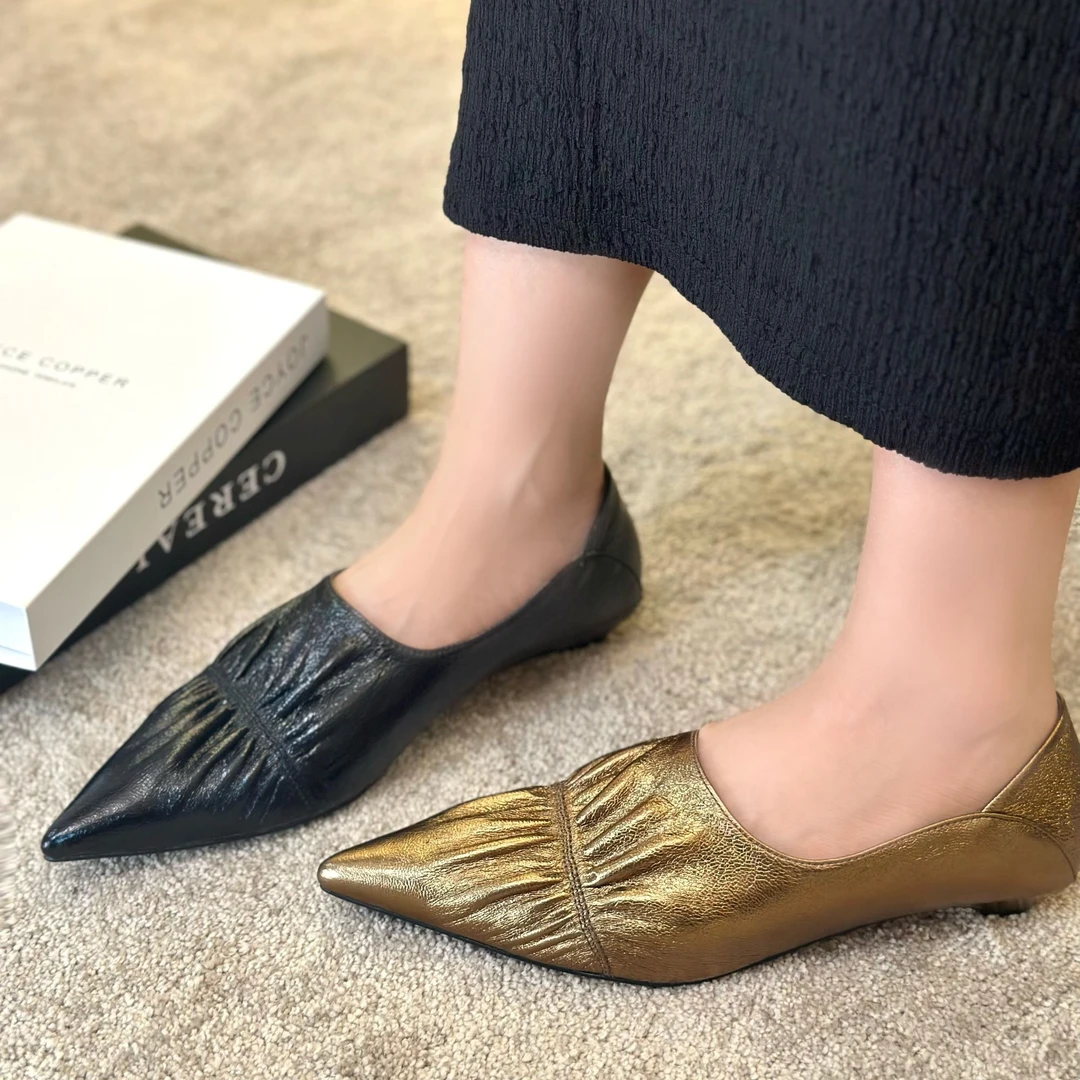 臻弟ZHENDI/新款尖头百搭女鞋气质褶皱浅口设计低时装单鞋SC760