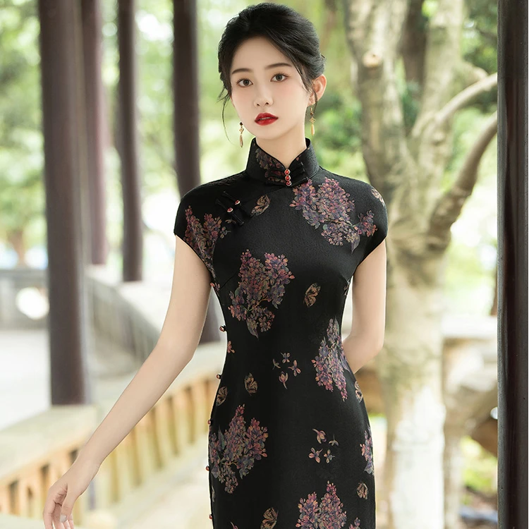 旷美旗韵「星夜」旷美旗韵30姆米香云纱时尚修身桑蚕丝旗袍显瘦高贵