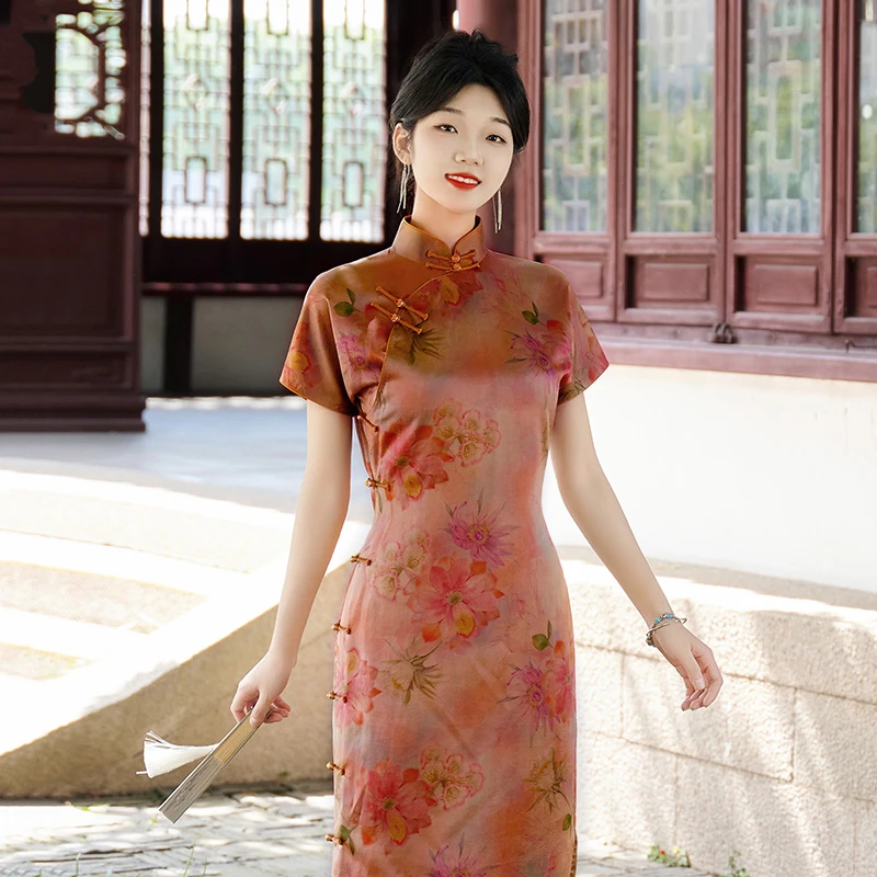 旷美旗韵「嫣然」旷美旗韵40姆米香云纱尚修身桑蚕丝旗袍 显瘦高贵