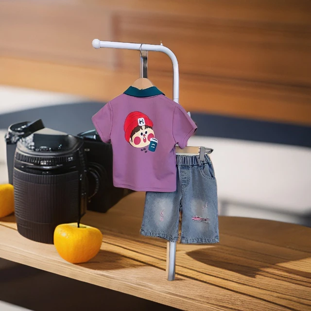 2024夏季男女童POLO衫牛仔裤套装时尚休闲百搭破洞潮流卡通套装潮