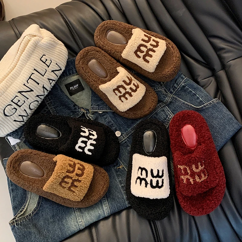 2024秋冬新款刺绣毛毛拖鞋女秋冬厚底一字拖时尚百搭洋气居家外穿