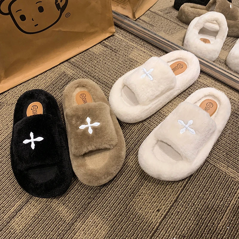 2024网红时尚仙女风毛拖居家百搭秋冬外穿厚底一字毛毛拖5CM