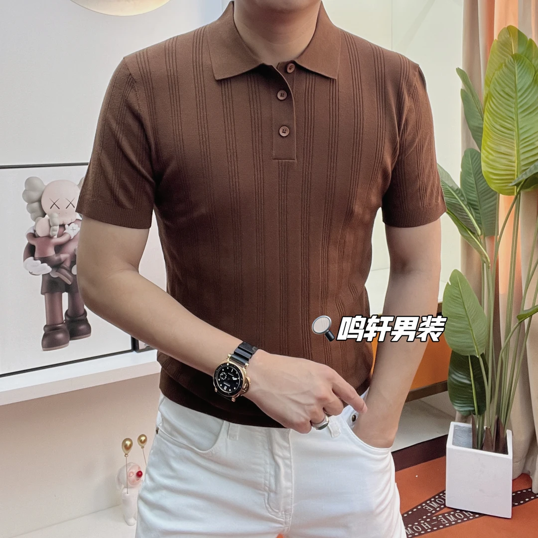 3780男士竖纹提花针织短袖2025春夏轻商务风植物纤维亲肤细腻翻领