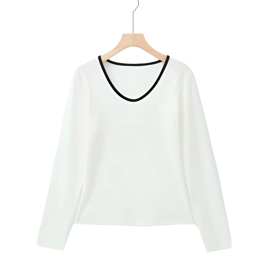 AMAZCOOL 早春V领撞色早春修身长袖打底T恤2335