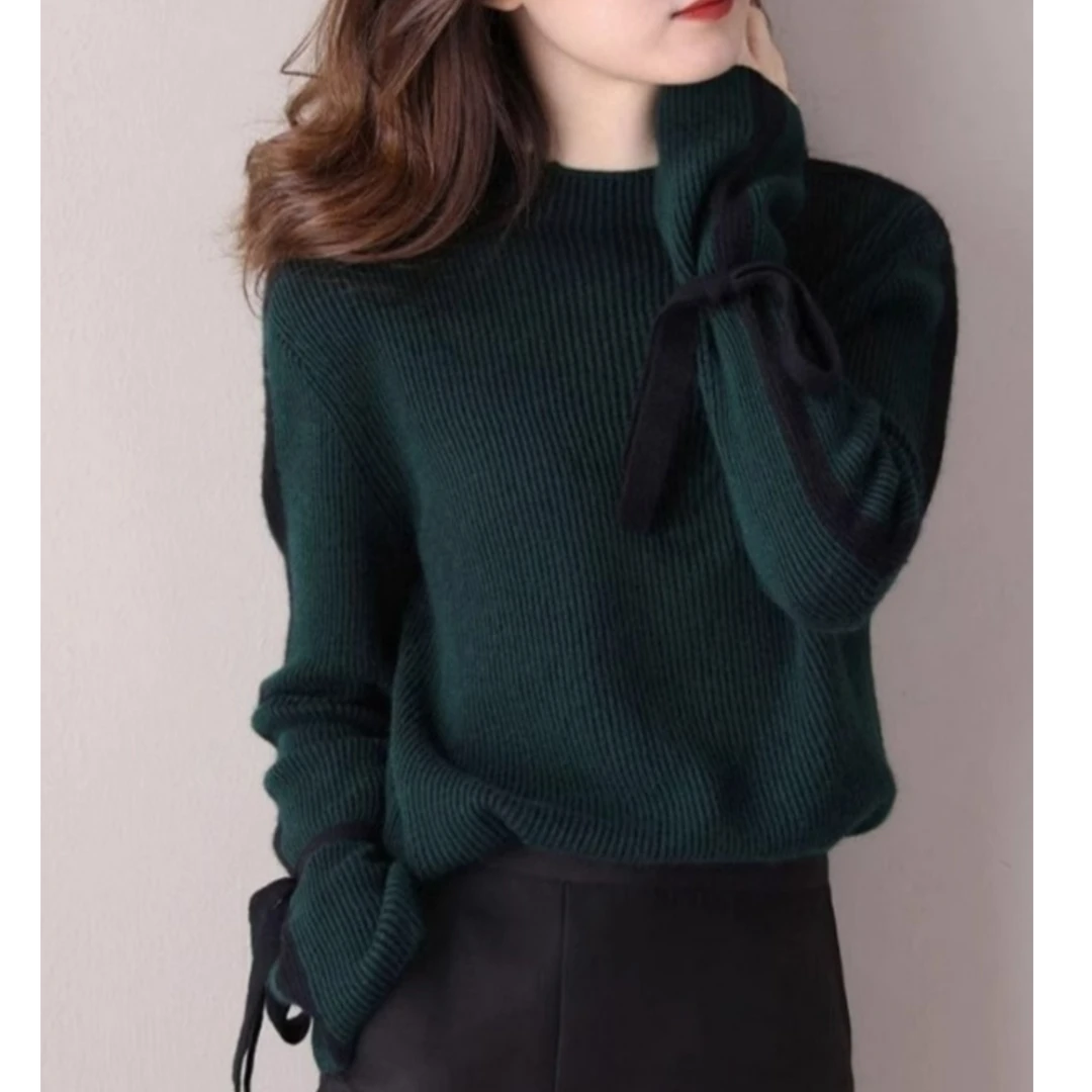 墨绿色飘带毛衣女秋冬新款欧货洋气打底针织衫设计感小众漂亮上衣