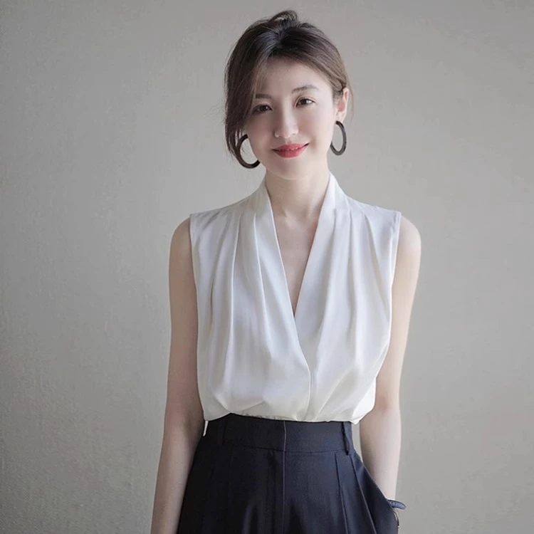 【现货】气质通勤职业衬衣背心缎面雪纺上衣简约白色无袖V领衬衫女