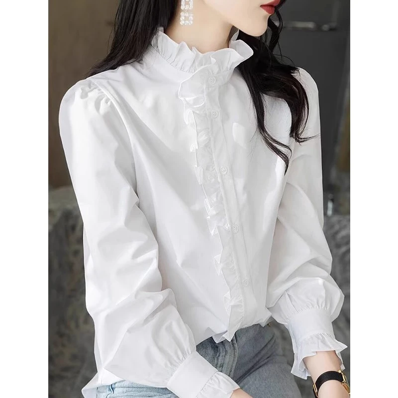 2024秋冬新款高级感白色衬衫女上衣内搭长袖荷叶边立领木耳边衬衣