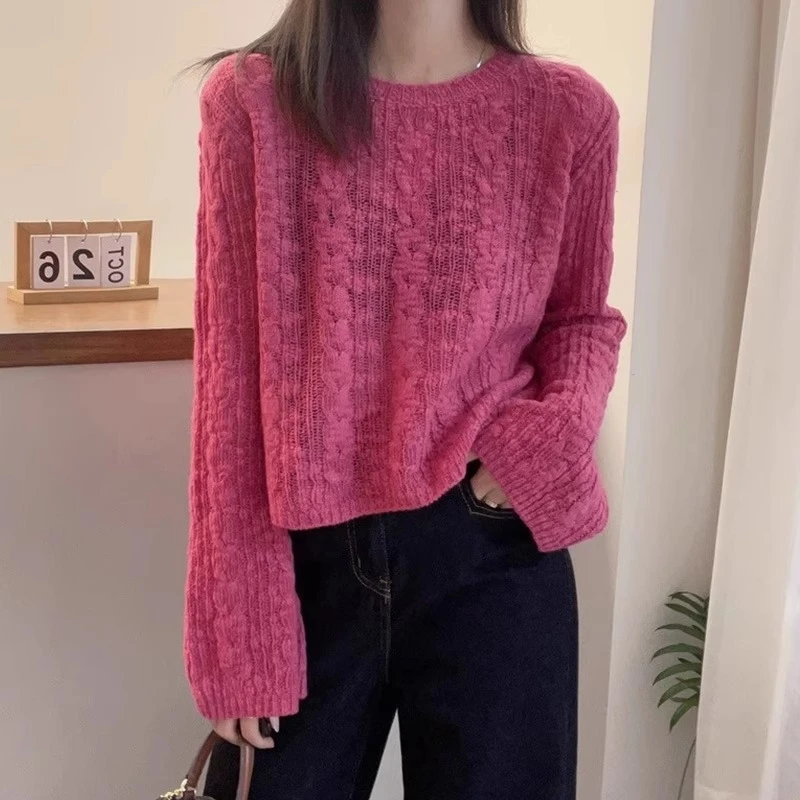 韩版减龄粉色针织衫女秋季新款宽松休闲慵懒风小个子短款软糯毛衣