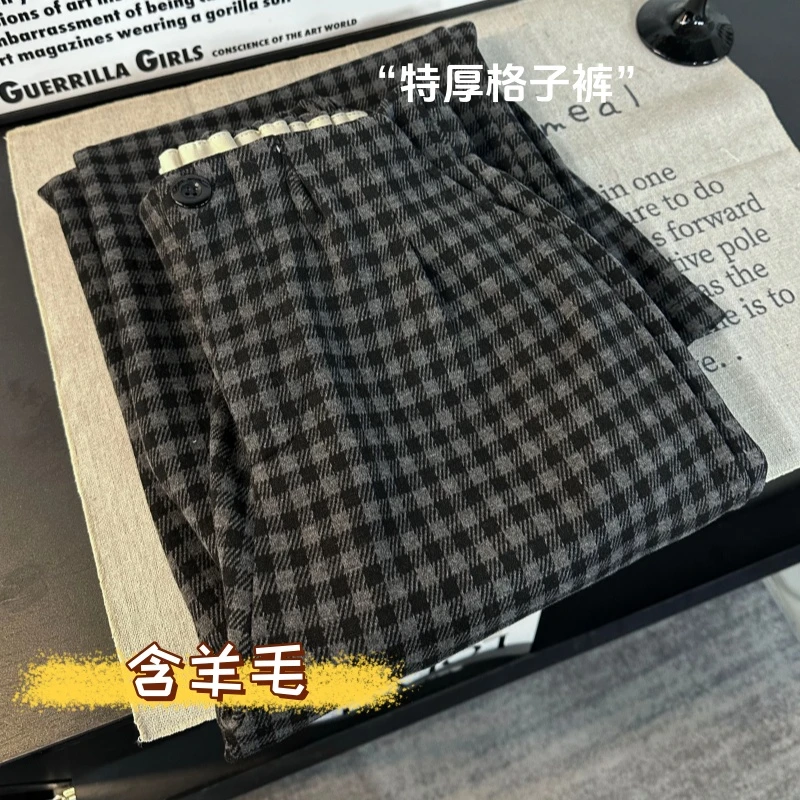 【原版/加绒加厚毛呢格子裤】冬季新品百搭休闲神裤羊毛呢黑格子裤