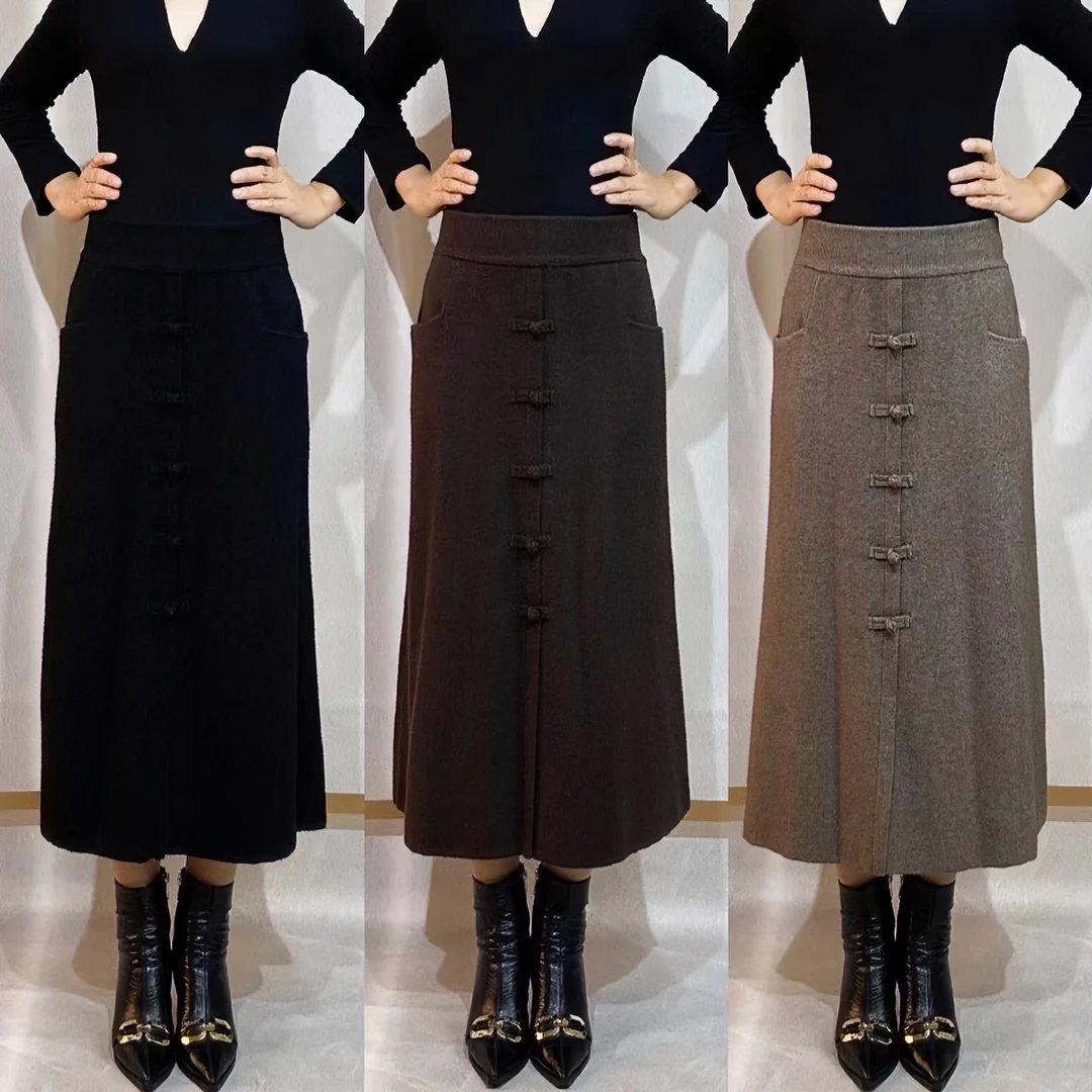 9666#新款盘扣直筒A字口袋半身裙显瘦高腰复古时尚气质
