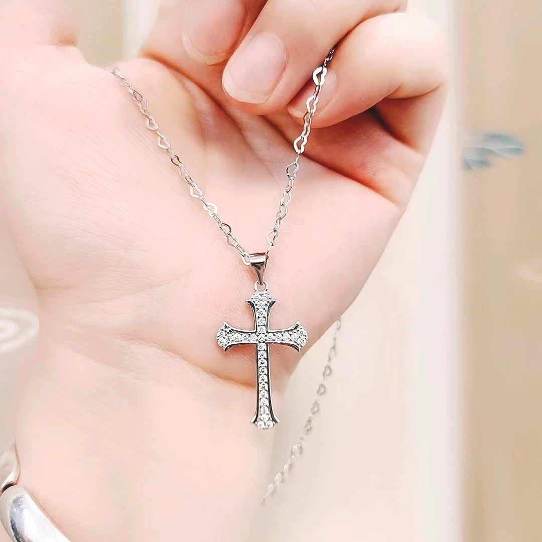 坠链均925银合成锆石 女款 镶钻十字架项链 心连心爱心链 带证书