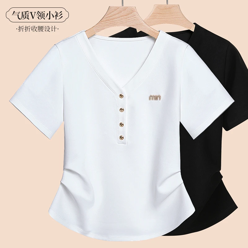 新款正肩V领纽扣气质短袖T恤折折收腰洋气小众上衣休闲设计感女士