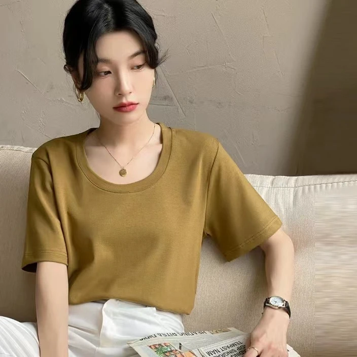 叙旧姑嫂 推荐时尚百搭纯色鹅蛋T恤介黄