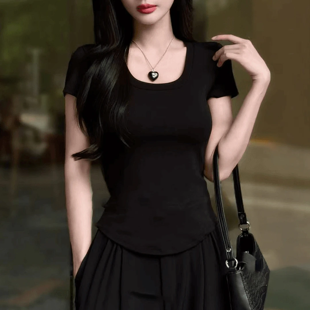 【当天发货】简约修身显瘦百搭夏季新款大U领短袖T恤女韩版时尚上衣