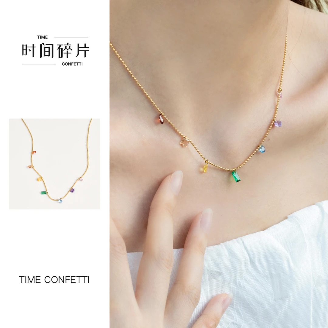 合金项链 【孙二娘】气质简约百搭幻彩水滴锆石七彩项链TC 4255