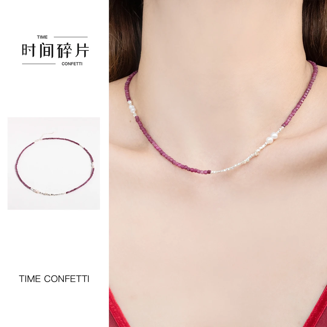 链子925银 【孙二娘】 百搭小方块碎银拼接珠珠锁骨链项链TC 8637