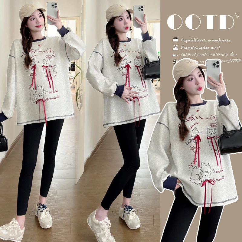 【梦梦妈】孕妇装卫衣女秋季新款猫咪印花长袖设计感慵懒风宽松上衣