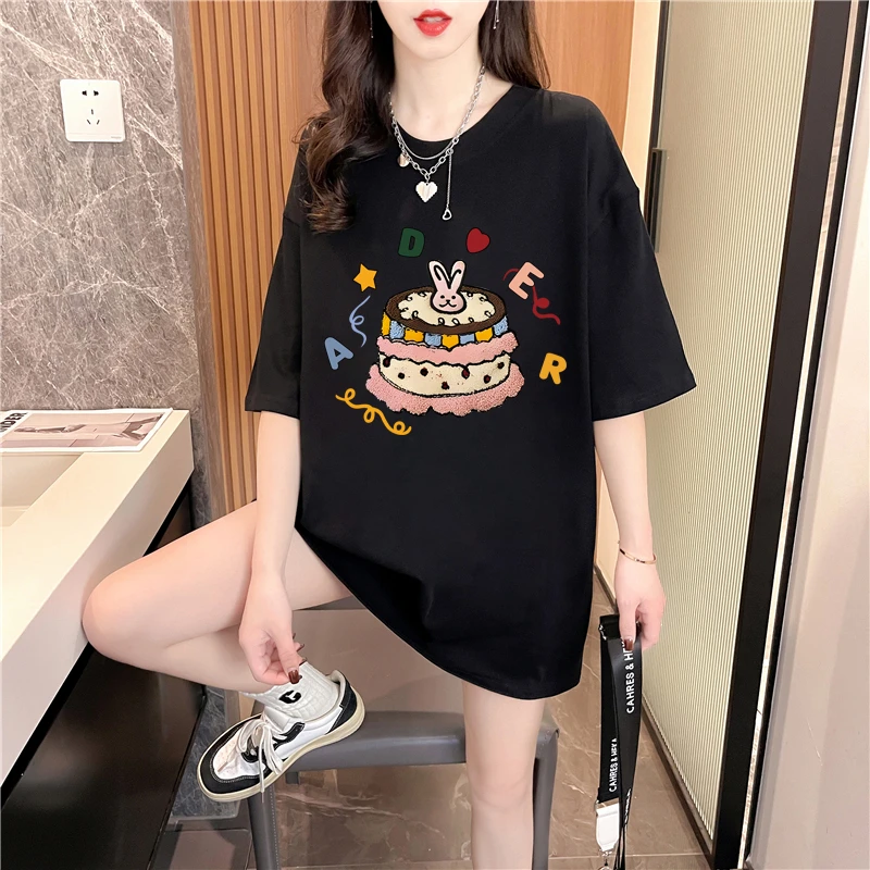 高品后包条印花短袖t恤女宽松大码中长款孕妇包臀上衣韩版夏季潮