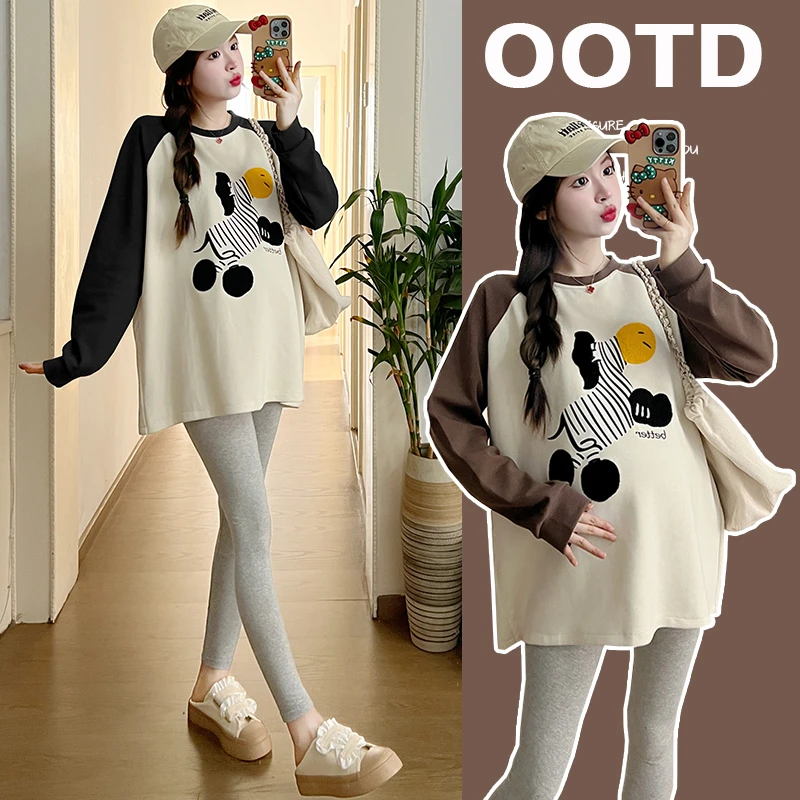 【梦梦妈】孕妇2024新款秋装上衣宽松大码长袖t恤中长款小个子卫衣