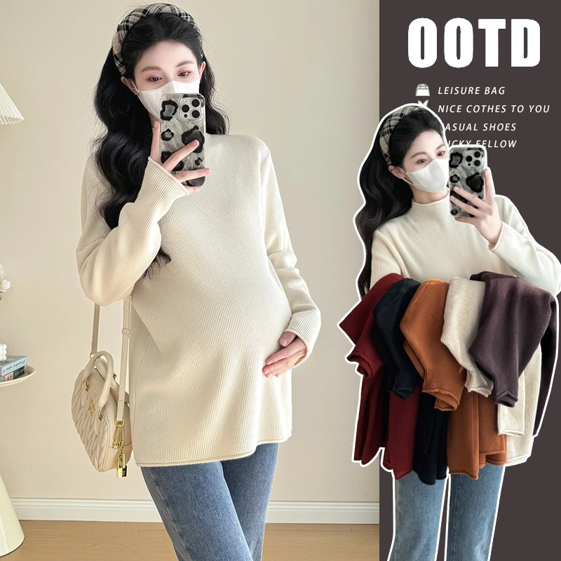 【梦梦妈】秋冬新款孕妇装上衣时尚半高领宽松开叉针织衫长袖毛衣