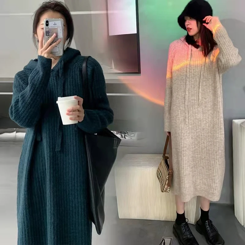 春秋孕妇装针织卫衣连衣裙秋季连帽连衣裙韩版宽松过膝长款秋冬女