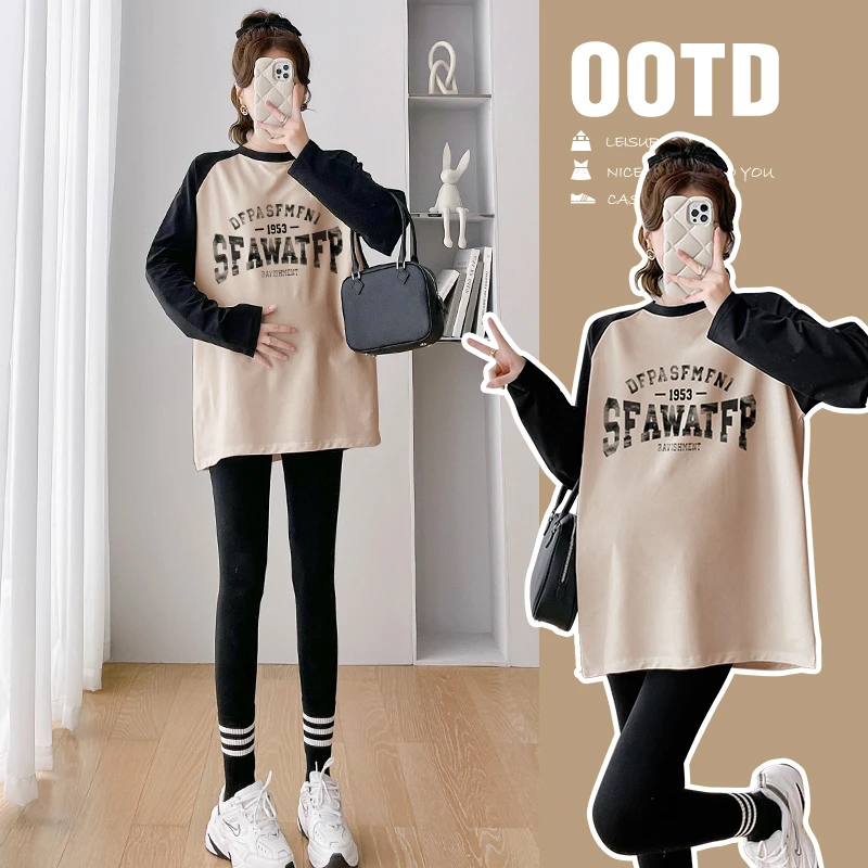 孕妇秋装套装时尚春秋2023新款早秋季印花卡通宽松拼接上衣打底衫