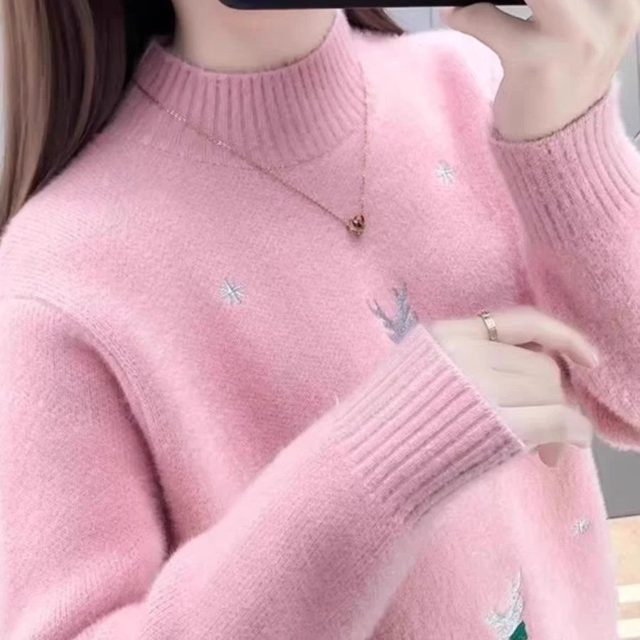 水貂绒毛衣女2024秋冬新款加厚保暖宽松套头绣花针织打底衫上衣女