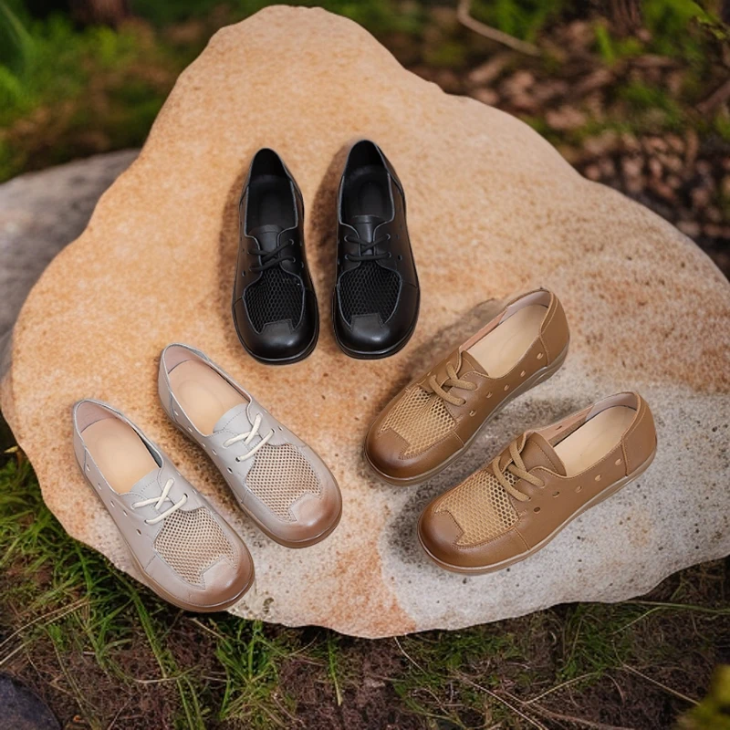 头层牛皮女鞋休闲软底复古平底舒适夏季春季春夏洞洞网鞋妈妈鞋