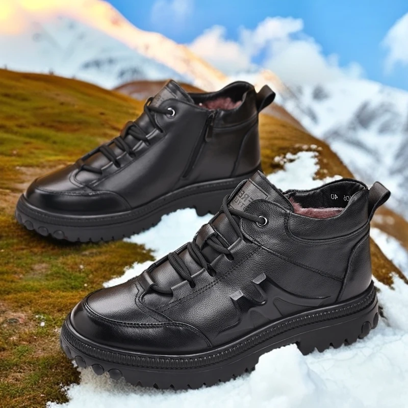新款38~47大码头层牛皮男棉鞋冬季保暖加厚羊毛高帮厚底休闲男鞋