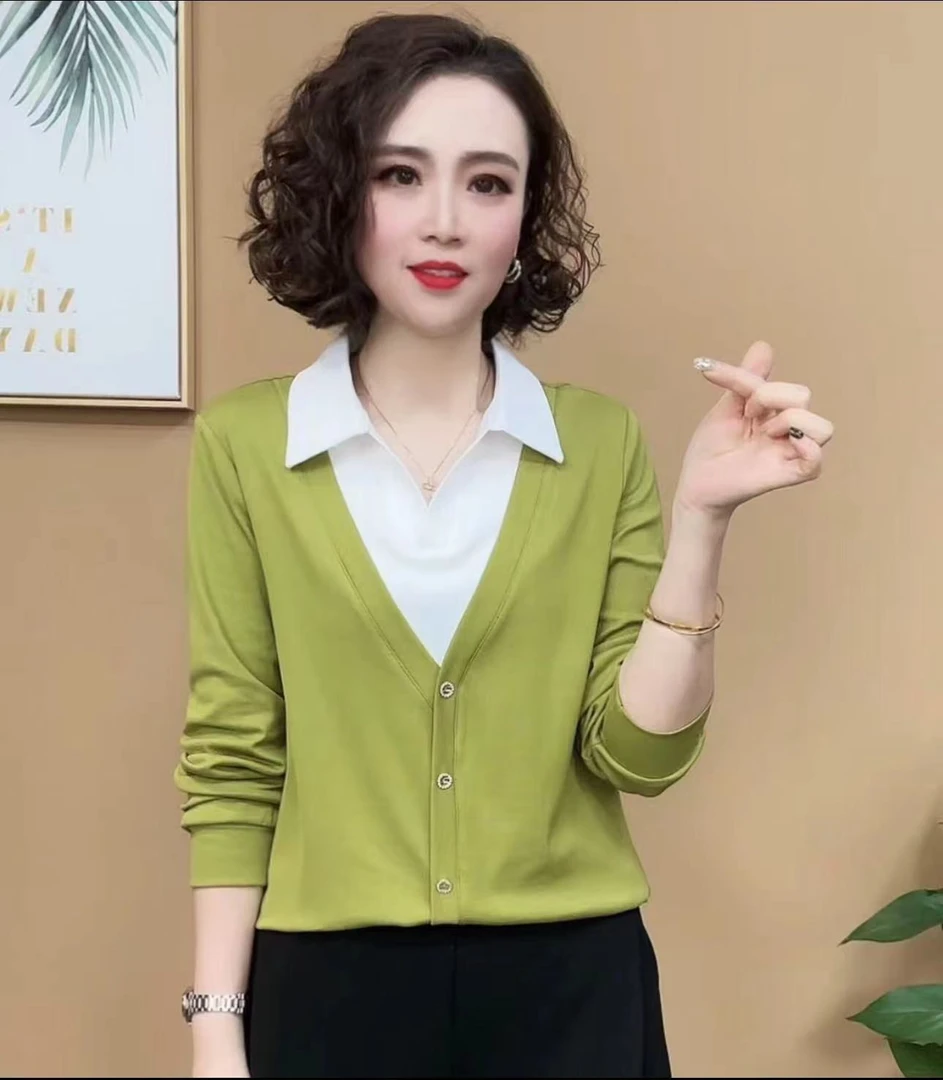 2024新款时尚气质百搭显瘦假两件长袖女士上衣