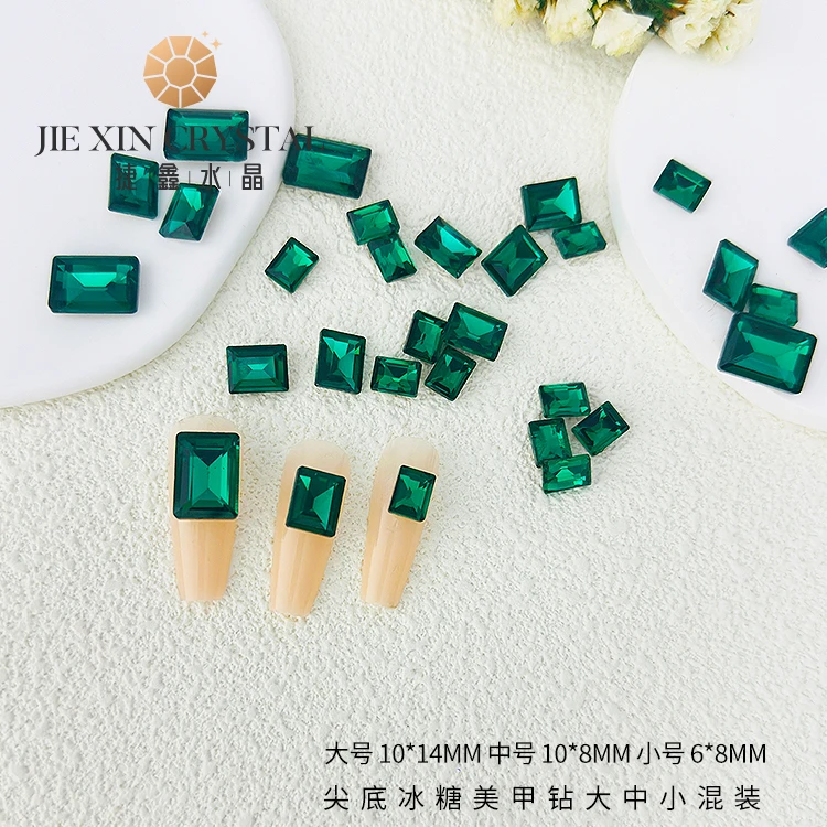 网红爆款祖母绿直角长方冰糖尖底钻DIY水晶玻璃钻饰指甲小饰品